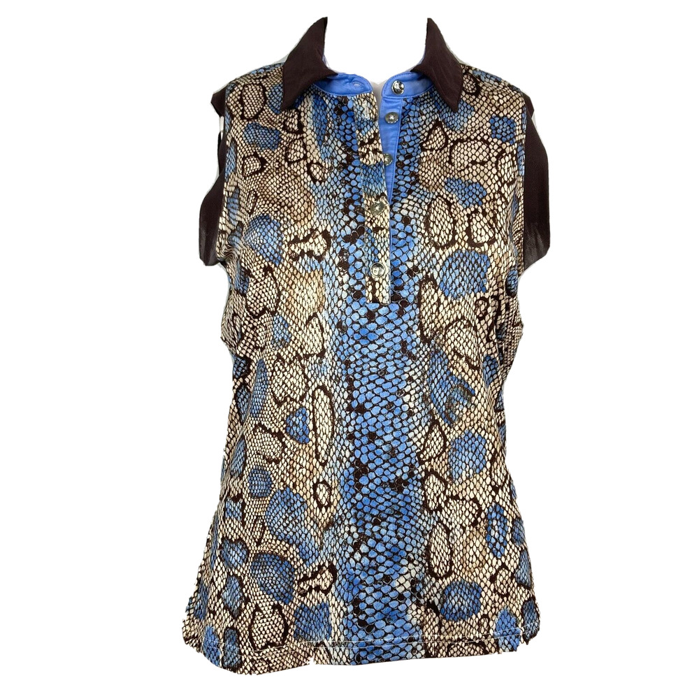 GG Blue Shirt Womens Sz S Beige Brown Blue Snake Print Sleeveless Golf Tennis